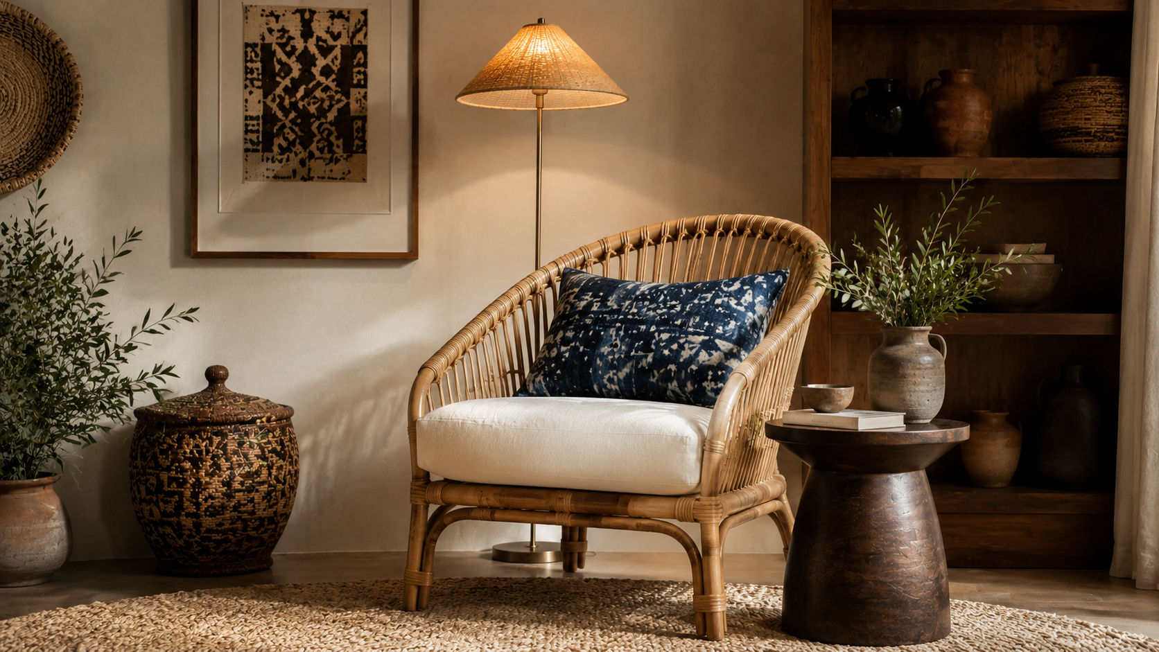 Cozy reading nook featuring a natural rattan chair, indigo Adire cushion, floor lamp and small table